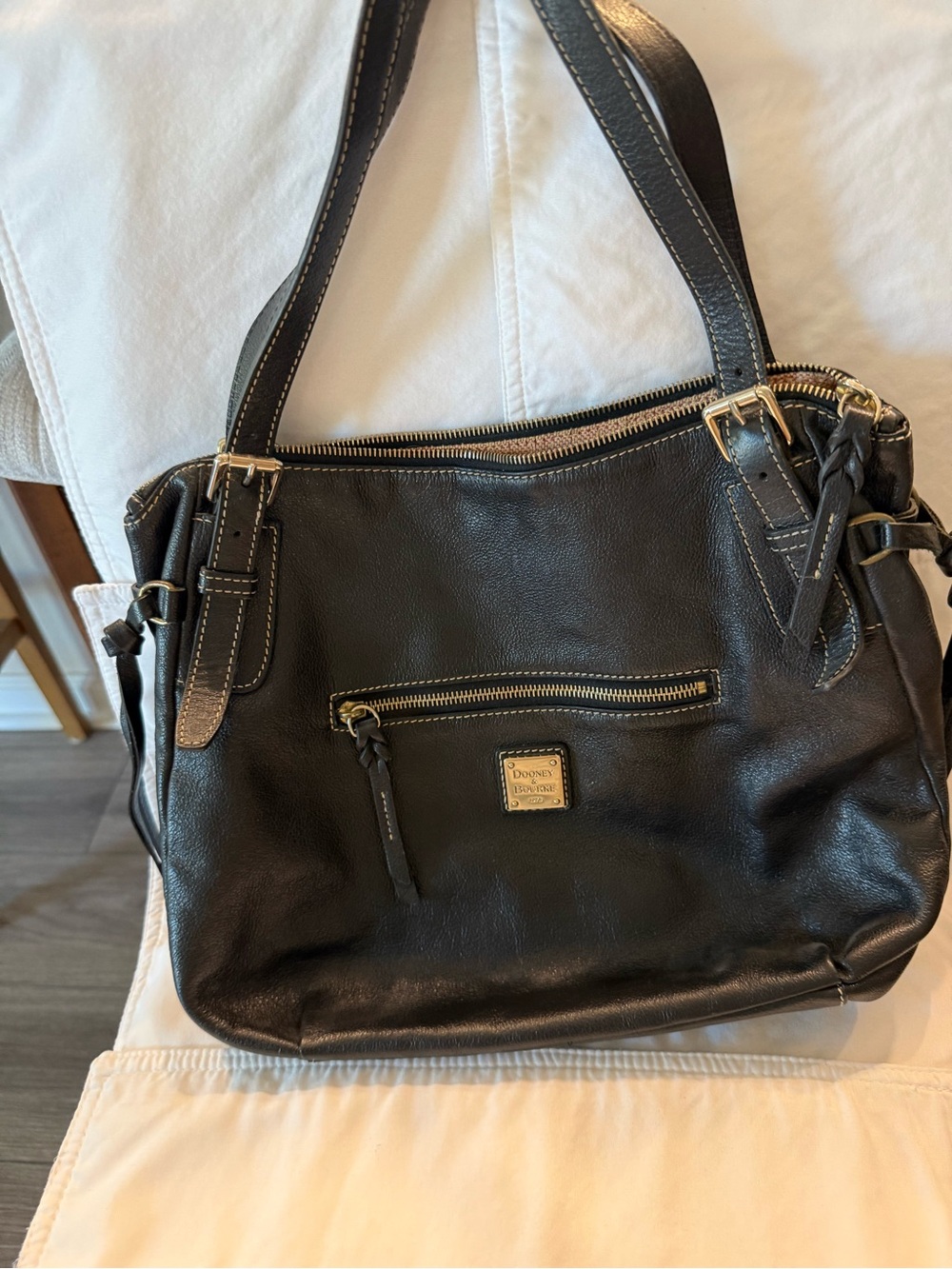 Dooney & Bourke Black Leather Double-Handle Shoulder Bag with Front Zip Pocket